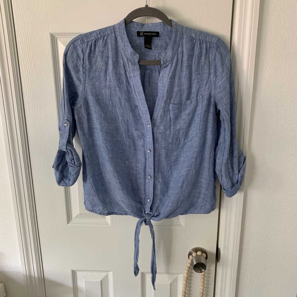 INC Chambray Tie Front Diamond-button top.